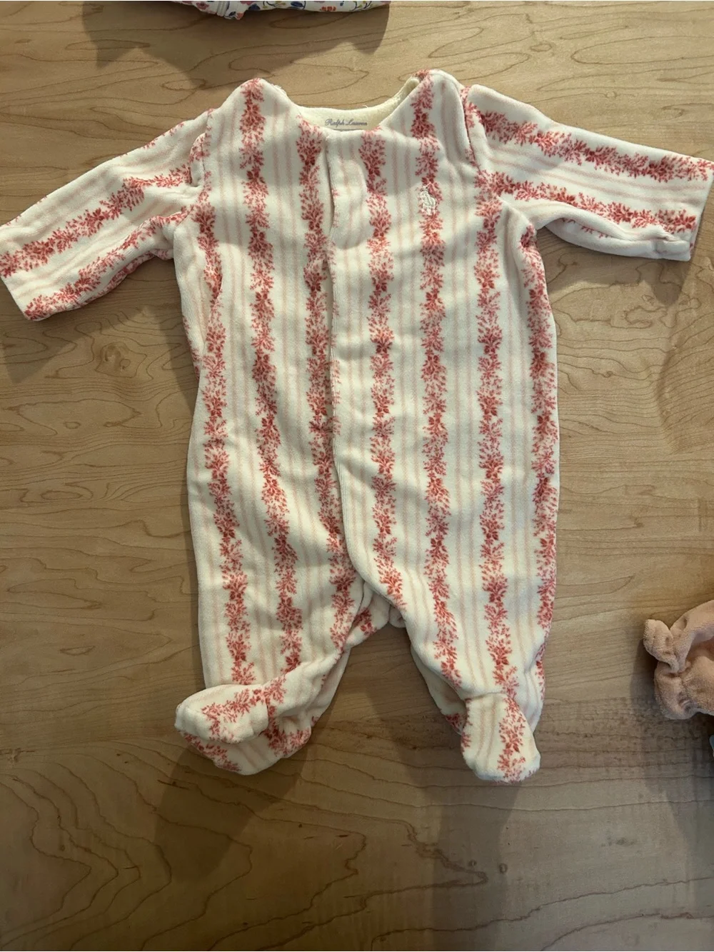 Ralph Lauren Plush Velvet Cream and Coral Striped Floral Footed One-Piece